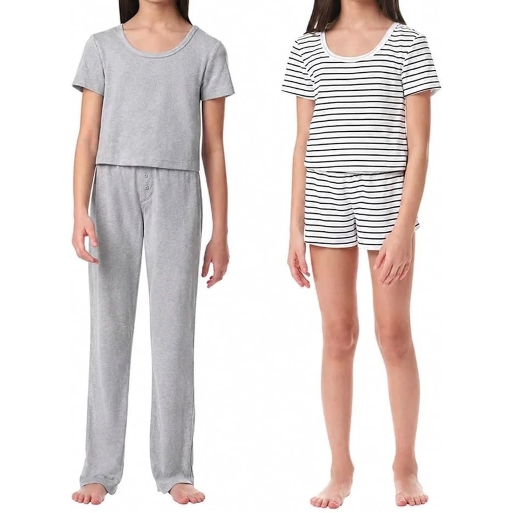 NWT Splendid Youth 4 Piece Sleep Set Pajamas Gray Pointelle Black Striped S 7/8 - Picture 2 of 5